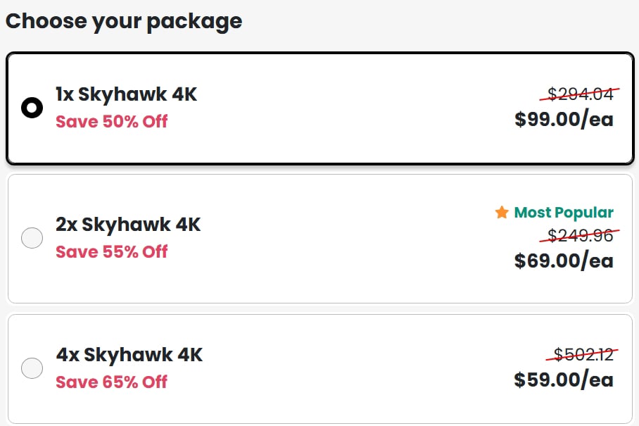 SkyHawk 4K Drone Price Chart USA Discount Packages